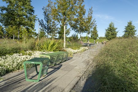Grüne perforierte Bänke stehen auf einem gepflasterten Weg im Park, umgeben von 
